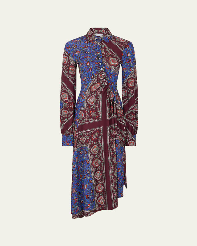 Paisley Jersey Asymmetric Ruched Midi Shirtdress